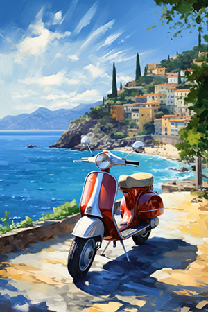 Motorroller am Comer See - modernes Wandbild im Stil eines Gemäldes als Kunstdruck auf Leinwand, Acrylglas, Alu-Dibond oder als Poster