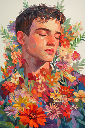 Junger Mann mit Blumen - Modernes Wandbild im Stil eines Gemäldes auf Leinwand, Acrylglas, Alu-Dibond oder als Poster