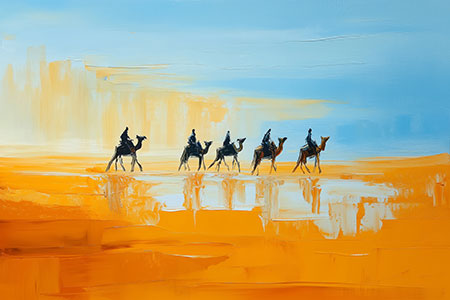Karawane in der Wüste – warmes Landschaftsbild auf Leinwand, das Ruhe, Weite und Nomaden-Romantik in den Raum bringt.