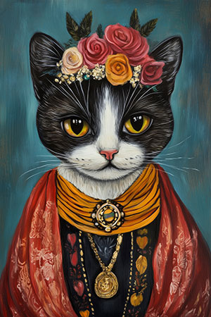 Eine Katze mit einem Kopfschmuck aus Blumen, Kunstdruck auf Leinwand, Acrylglas, Alu-Dibond oder als Poster