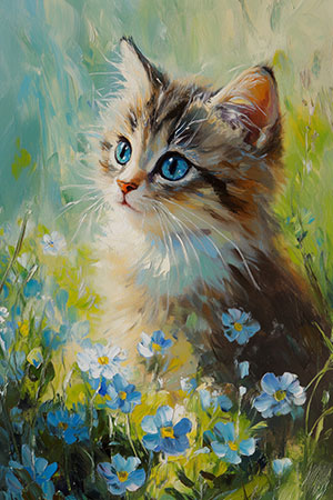 Katze auf einer Wiese - Wandbild im Stil eines Gemäldes auf Leinwand, Acrylglas, Alu-Dibond oder als Poster