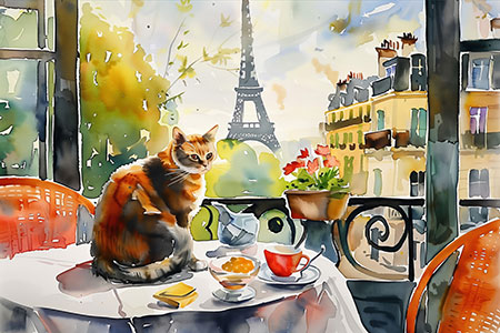 Katze in Paris - Kunstdruck eines Motivs im Stil eines Aquarellgemäldes auf Leinwand, Acrylglas, Alu-Dibond oder als Poster