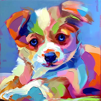 Kleiner Hund - Modernes buntes Gemälde eines kleinen Hundes auf Leinwand, Acrylglas, Alu-Dibond oder als Poster