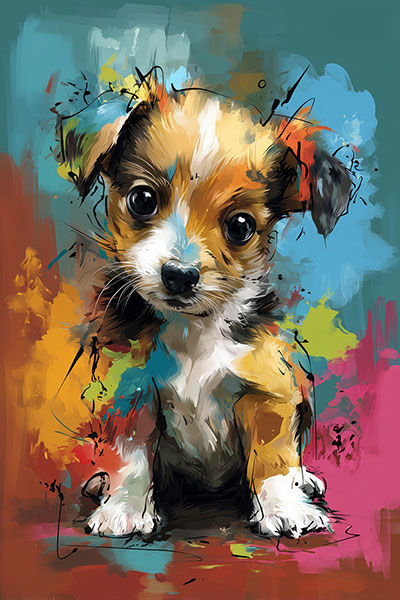 Welpe in bunten Facetten - Hundegemälde als Kunstdruck auf Leinwand, Acrylglas oder als Poster