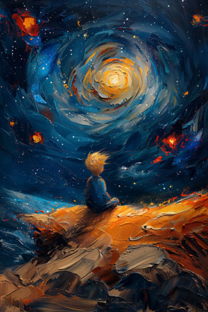 Kleiner Junge, der das Weltall betrachtet - Gemälde Kunstdruck auf Leinwand, Acrylglas, Alu-Dibond oder als Poster