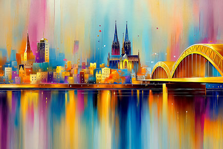 Fantasievolles Köln Gemälde, Wandbild Kunstdruck auf Leinwand, als Acrylglasbild, auf Alu-Dibond oder als Poster.