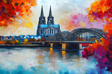 Köln wie gemalt - Wandbild im Stil eines Gemäldes auf Leinwand, Acrylglas, Alu-Dibond oder als Poster