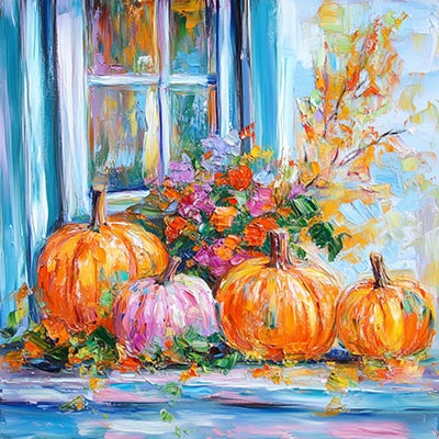 Kürbisse am Fenster - London Impression im Stil einer kreativen Fotografie auf Leinwand, Acrylglas, Alu-Dibond oder als Poster