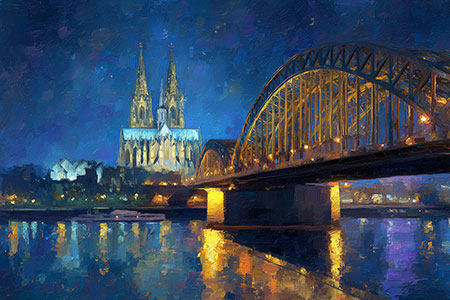 Kölner Dom bei Nacht Gemälde Kunstdruck auf Leinwand, Acrylglas oder als Poster