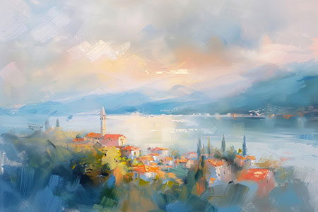 Lago im Nebel - Lanschaftsmotiv im Stil eines Gemäldes als Kunstdruck auf Leinwand, Acrylglas, Alu-Dibond oder als Poster