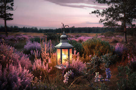 Laterne in der Heide - modernes Wandbild im Stil eines Gemäldes als Kunstdruck auf Leinwand, Acrylglas, Alu-Dibond oder als Poster