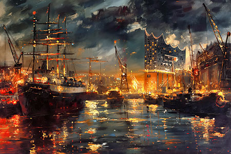 Leuchtender Hafen bei Nacht - Elbphilharmonie Wandbild im Stil eines Gemäldes auf Leinwand, Acrylglas, Alu-Dibond oder als Poster