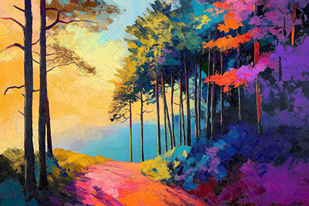 Leuchtender Wald - Wandbild im Stil eines Gemäldes auf Leinwand, Acrylglas, Alu-Dibond oder als Poster