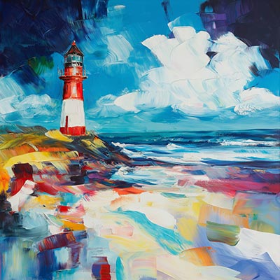 Leuchtturm am Strand - Gemälde Wandbild als Kunstdruck auf Leinwand, Acrylglas, Alu-Dibond oder als Poster
