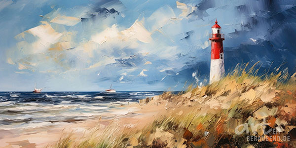 Leuchtturm am stürmischen Strand - modernes Wandbild als Kunstdruck auf Leinwand, Acrylglas, Alu-Dibond oder als Poster