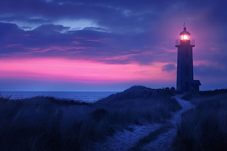 Blaue Stunde am Leuchtturm - Maritimes Wandbild im Stil einer Fotografie im Stil eines Gemäldes als Kunstdruck auf Leinwand, Acrylglas, Alu-Dibond oder als Poster