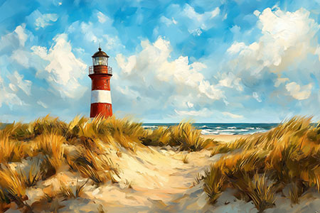 Leuchtturm in den Dünen - Maritimes Nord-und Ostsee Gemälde als Kunstdruck auf Leinwand, Acrylglas, Alu-Dibond oder als Poster