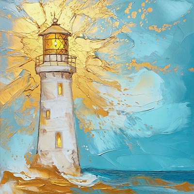 Leuchtturm in gold und türkis - Modernes Gemälde als Kunstdruck auf Leinwand, Acrylglas, Alu-Dibond oder als Poster