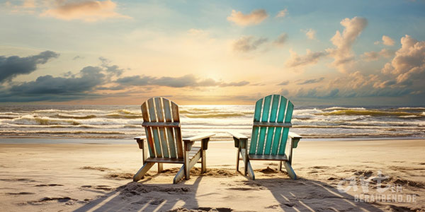 Liegestühle am Strand - modernes Wandbild im Stil eines Gemäldes als Kunstdruck auf Leinwand, Acrylglas, Alu-Dibond oder als Poster