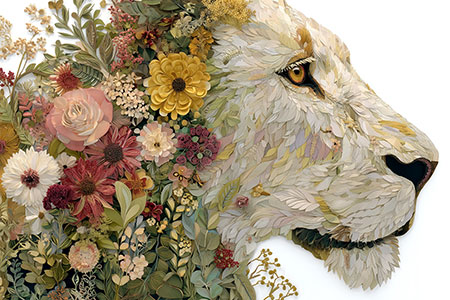 Illustrativer floraler Löwe, modernes Wandbild auf Leinwand, als Acrylglasbild, auf Alu-Dibond oder als Poster