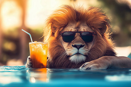 Löwe am Swimmingpool - Lustiges Löwenbild im Stil einer Fotografie auf Leinwand, Acrylglas, Alu-Dibond oder als Poster