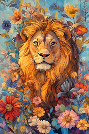 Löwe zwischen Blumen - London Impression im Stil einer kreativen Fotografie auf Leinwand, Acrylglas, Alu-Dibond oder als Poster