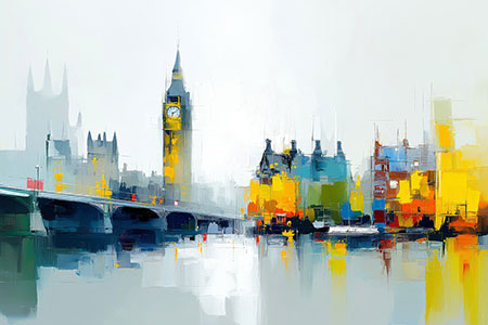 London als modernes Gemälde, Big Ben, Houses of Parliament, hochwertiger Kunstdruck auf Leinwand, Acrylglas, Alu-Dibond, als Poster oder auch Akustikbild.