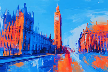 London in Blau und Orange - Modernes Gemälde als Kunstdruck auf Leinwand, Acrylglas oder als Poster