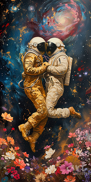 Lovers in Space - modernes Wandbild im Stil eines Gemäldes als Kunstdruck auf Leinwand, Acrylglas, Alu-Dibond oder als Poster