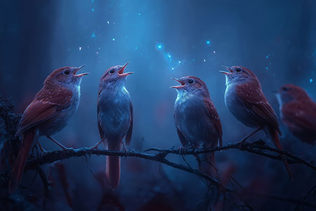 Magische Singvögel Gemälde Kunstdruck auf Leinwand, Acrylglas oder als Poster