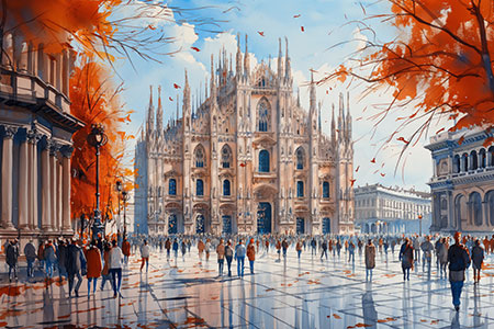 Mailand - Modernes Wandbild des Mailänder Doms mit vielen Passanten im Stil eines Gemäldes. auf Leinwand, Acrylglas, Alu-Dibond oder als Poster