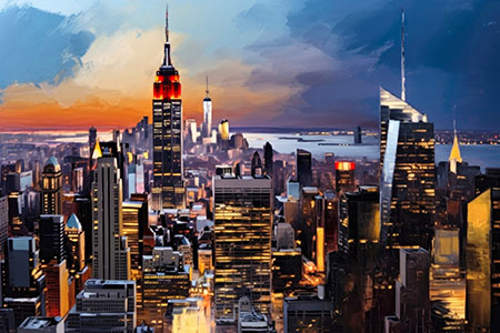 Manhattan bei Nacht - modernes Wandbild im Stil eines Gemäldes als Kunstdruck auf Leinwand, Acrylglas, Alu-Dibond oder als Poster