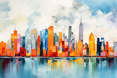 Bunte Manhattan Skyline - modernes Wandbild im Stil eines Gemäldes als Kunstdruck auf Leinwand, Acrylglas, Alu-Dibond oder als Poster