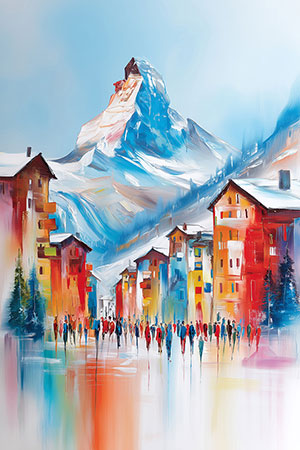Bild vom Matterhorn und Zermatt - Modernes Gemälde als Kunstdruck auf Leinwand, als Acrylglasbild, auf Alu-Dibond oder als Poster.