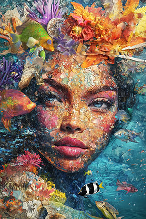 Meeresgöttin - Wandbild im Stil einer Mosaik Collage auf Leinwand, Acrylglas, Alu-Dibond oder als Poster