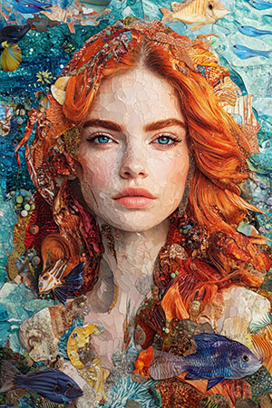 Meeresgöttin II - Wandbild im Stil einer Mosaik Collage als Kunstdruck auf Leinwand, Acrylglas, Alu-Dibond oder als Poster