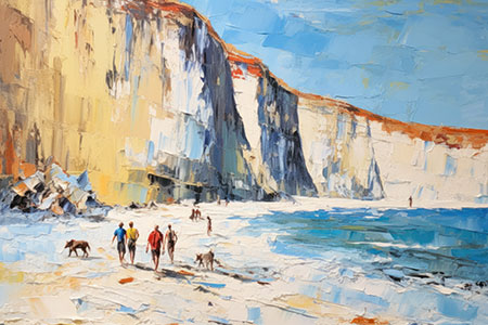 Spaziergänger an den Kreidefelsen - modernes Wandbild im Stil eines Gemäldes als Kunstdruck auf Leinwand, Acrylglas, Alu-Dibond oder als Poster