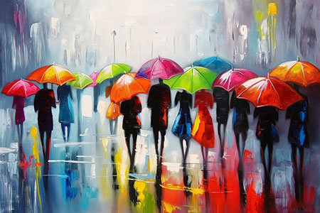 Menschen im Regen - Modernes Wandbild von Menschen mit bunten Regenschirmen im Stil eines Gemäldes als Kunstdruck auf Leinwand, Acrylglas, Alu-Dibond oder als Poster