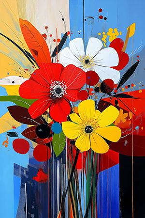 Abstrakte bunte Blumen - Wandbild im Stil eines Gemäldes auf Leinwand, Acrylglas, Alu-Dibond oder als Poster