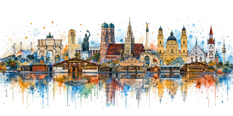 München Skyline - Modernes München Bild als Kunstdruck auf Leinwand, Acrylglas oder als Poster