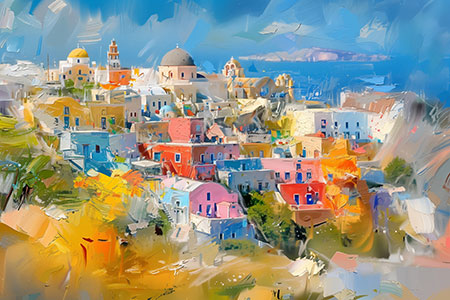 Santorin im Sommer - fotorealistisches Bild auf Leinwand, Acrylglas, Alu-Dibond oder als Poster