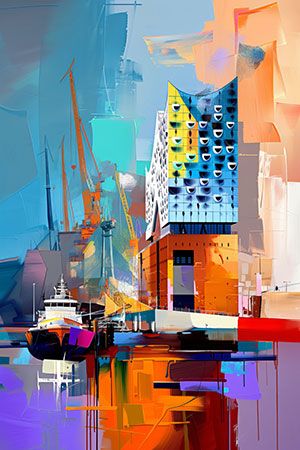 Der Hamburger Hafen mit Elbphilharmonie als modernes Wandbild – farbenreiche Stadtansicht auf Leinwand, urban, maritim und zeitgemäß.