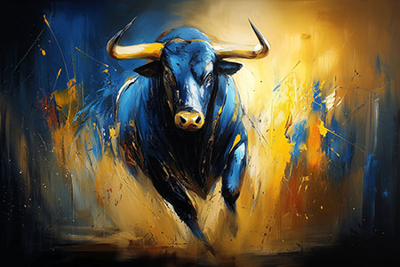 Kraftvoller Stier in Blau und Gold Gemälde Kunstdruck auf Leinwand, Acrylglas oder als Poster