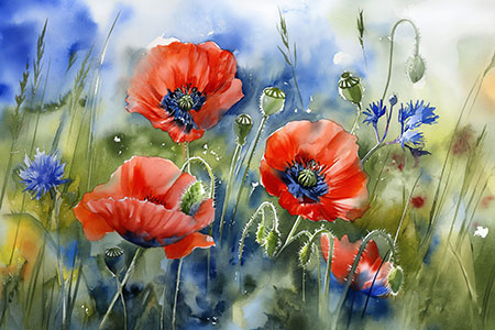 Mohnblumen Aquarell - Mohnblumen Gemälde im Aquarell Stil auf Leinwand, Acrylglas, Alu-Dibond oder als Poster