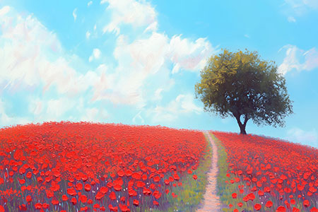 Mohnblumenfeld mit Baum Gemälde Kunstdruck auf Leinwand, Acrylglas oder als Poster