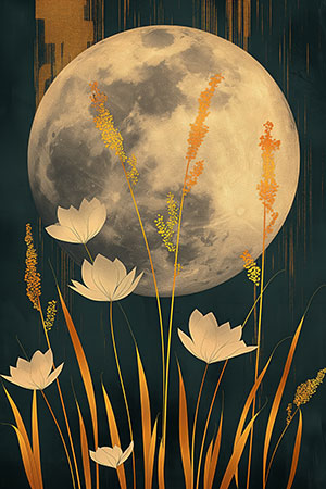 Mondsucht - Vintage Illustration von Blumen und Getreide vor einem Vollmond auf Leinwand, Acrylglas, Alu-Dibond oder als Poster