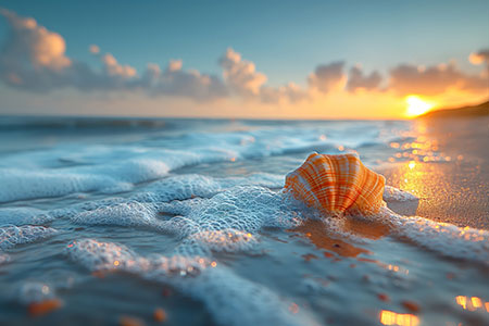 Muschel am Strand - Maritimes Wandbild im Stil einer Fotografie als Kunstdruck auf Leinwand, Acrylglas, Alu-Dibond oder als Poster