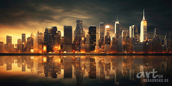 New York Skyline im Abendrot - modernes Wandbild im Aquarellstil als Kunstdruck auf Leinwand, Acrylglas, Alu-Dibond oder als Poster