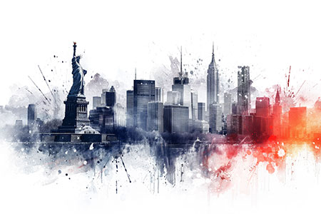 New York Skyline Splash - Modernes Wandbild einer kreativen New York Skyline im Stil einer Illustration, jetzt bestellen auf Leinwand, Acrylglas, Alu-Dibond oder als Poster