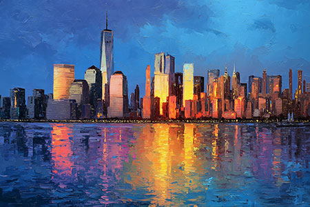 Manhattan Skyline Gemälde als Kunstdruck, Leinwandbild, Acrylglasbild, auf Alu-Dibond oder als Poster.